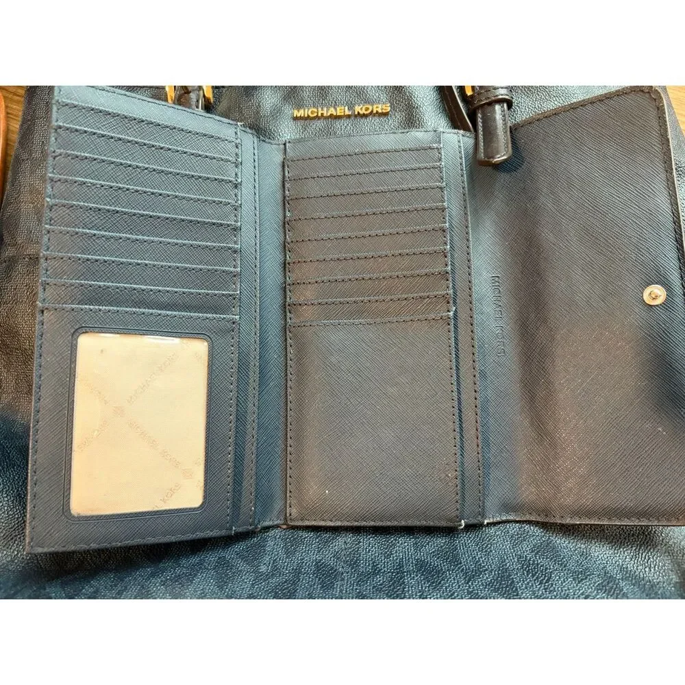 Michael Kors Navy Blue Jet Set Medium Pocket Tote Bag & Trifold Wallet Set EUC